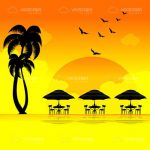 Beach Scene with Sunset Colors and Tropical Silhouettes